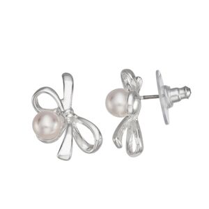 You're Invited Bow Stud Earrings Silver-Tone Faux Pearl